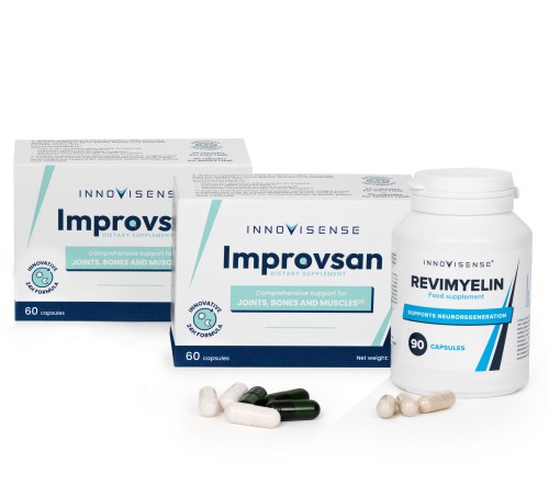 Zestaw suplementów Revimyelin® i 2x Improvsan® od Innovisense – kompleksowe wsparcie dla układu nerwowego i układu ruchu.